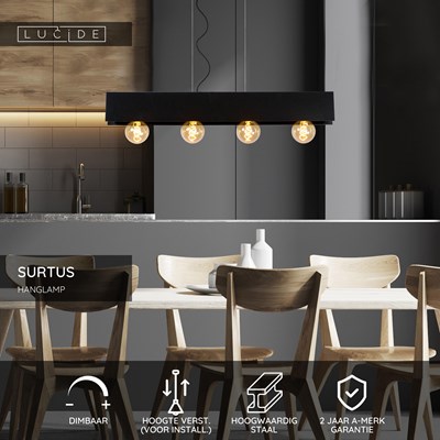 Lucide SURTUS - Hanglamp - 4xE27 - Zwart